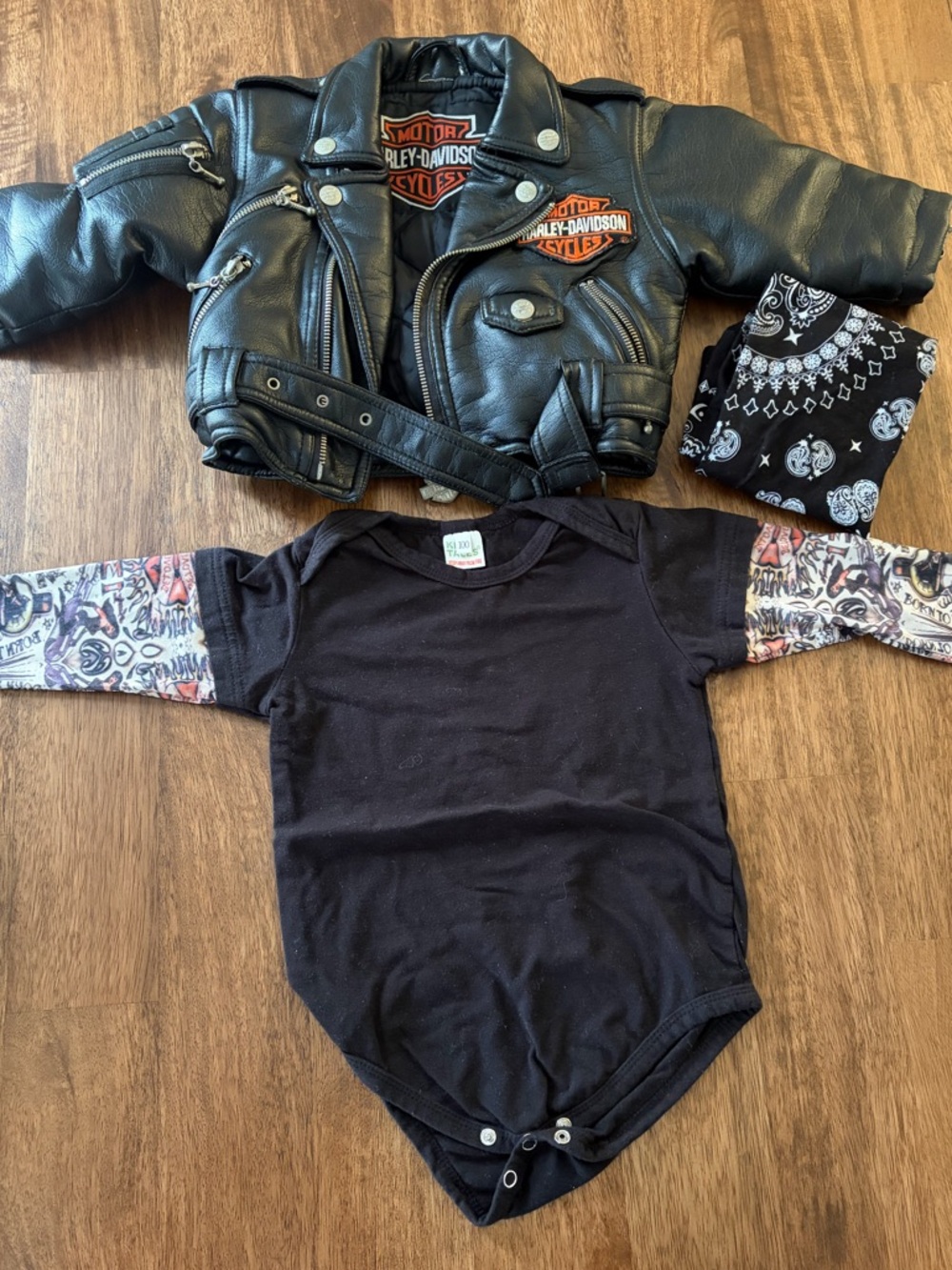 Vintage Harley-Davidson Jacket andBlack Baby One-Piece with Tattoo-Print Sleeves